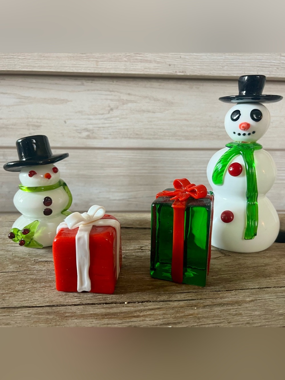 4 Piece vintage hand blown glass art Christmas set.
